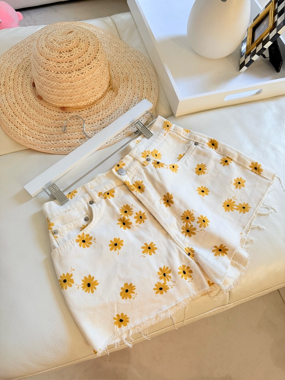 Reformation White Denim Shorts with Yellow Daisy Print